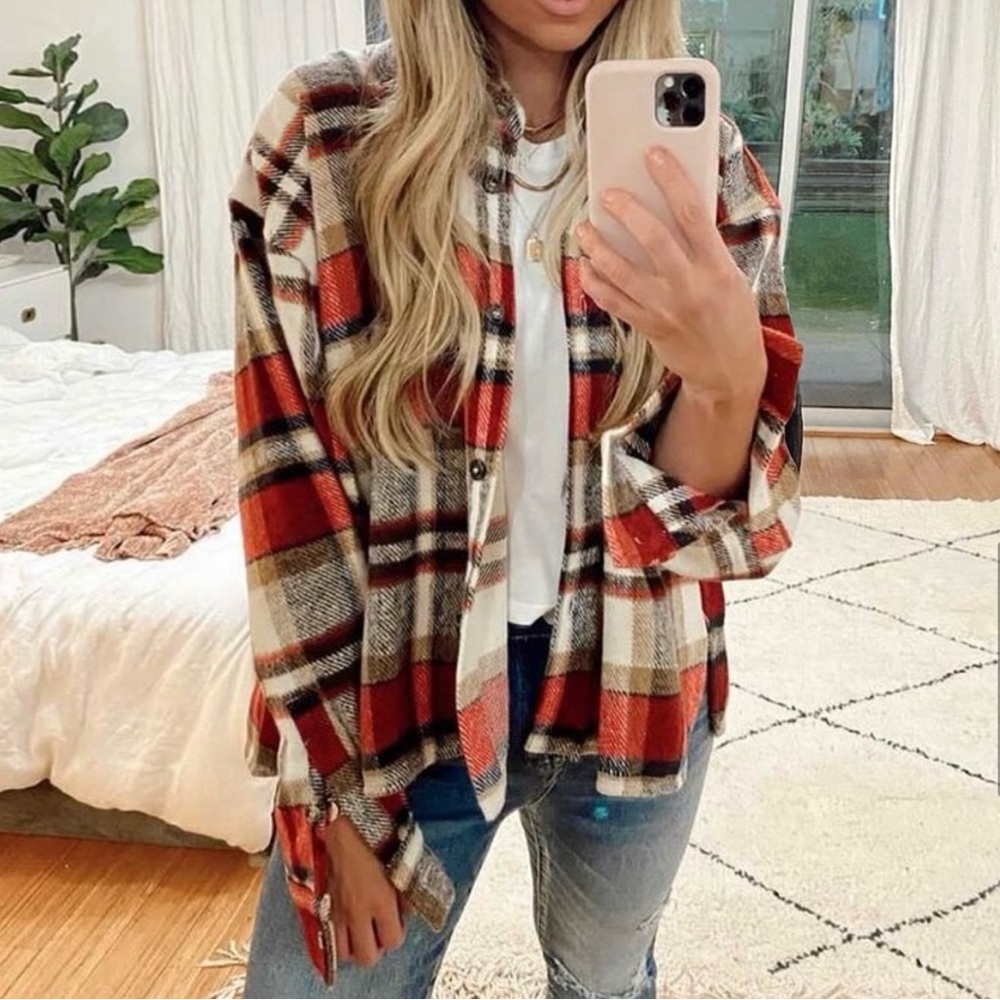 ✨DAVI & DANI Cozy Plaid Oversized Button Up Flannel Jacket Shacket
